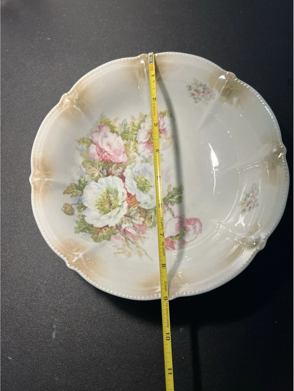 German Antique 1910s Poppy Floral Porcelain Scalloped Bowl, 9x2.5”